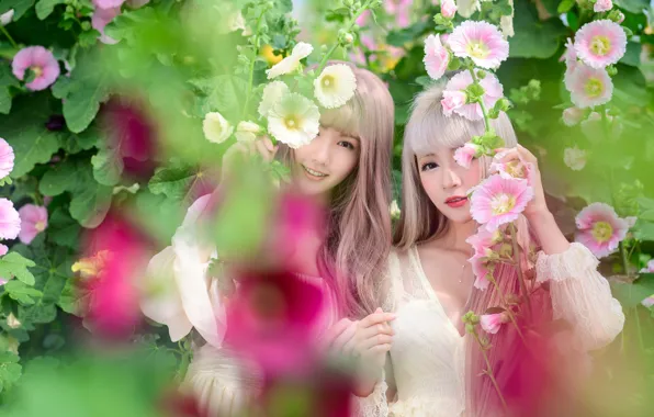 Summer, leaves, flowers, pose, smile, girls, stems, blur