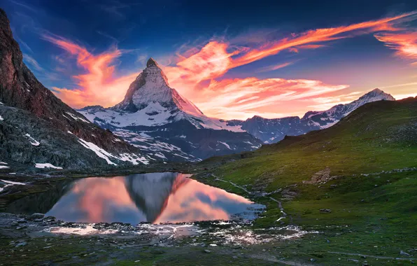 Lake, dawn, mountain, Switzerland, Matterhorn