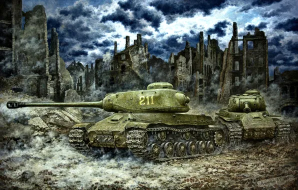 Picture figure, tank, USSR, The is-2, The great Patriotic war, The red army, Heavy, the ruins …