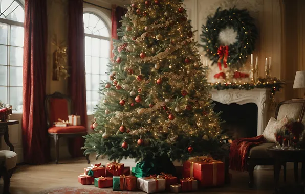 Decoration, room, tree, interior, Christmas, gifts, New year, Christmas