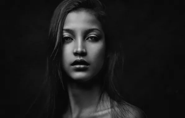 Look, portrait, makeup, brunette, hairstyle, black and white, beauty, black background