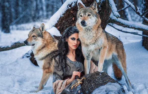 Picture winter, forest, look, girl, snow, dress, brunette, wolves