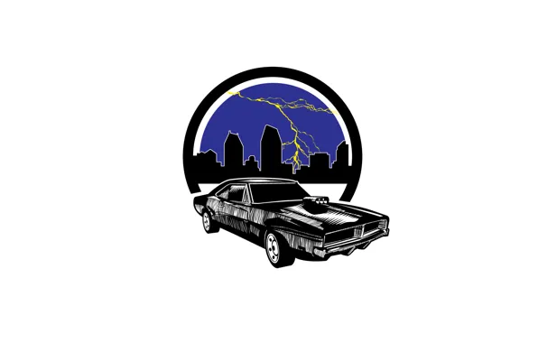 The city, lightning, car, muscle car