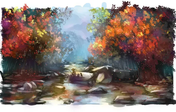 Forest, water, trees, river, stones, fishing, art