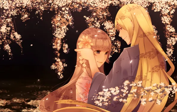 Girl, trees, flowers, Sakura, art, guy, kimono, orichie