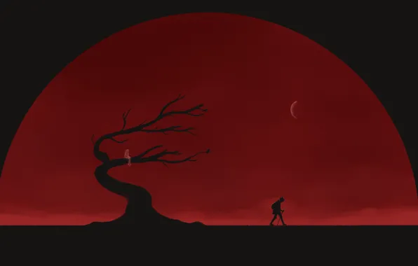 Tree, the moon, traveler, red background