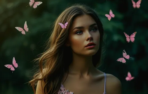 Girl, butterfly, digital art, neural network, generated by AI