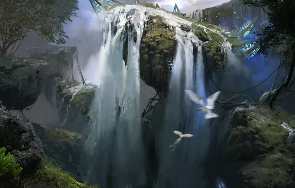 Picture birds, nature, fiction, waterfall, art