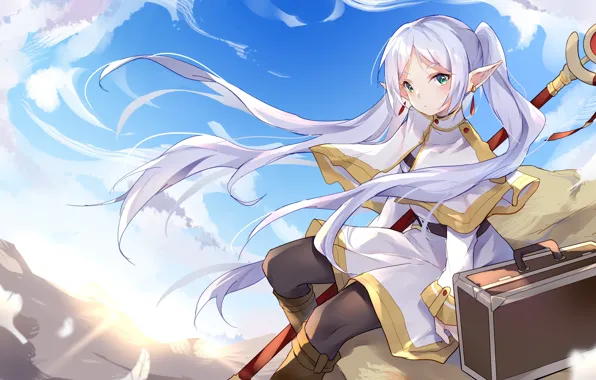 The sky, girl, staff, suitcase, elf, Sousou no Frieren, Freeze