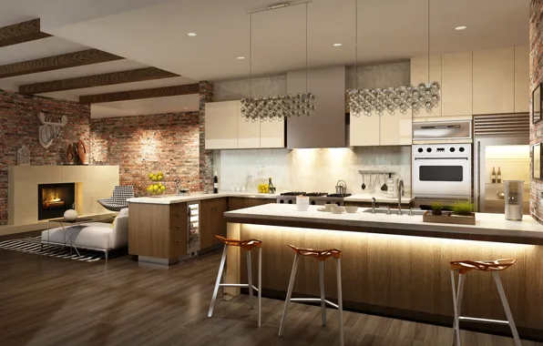 Design, style, Villa, kitchen, plate, lamp, fireplace, design