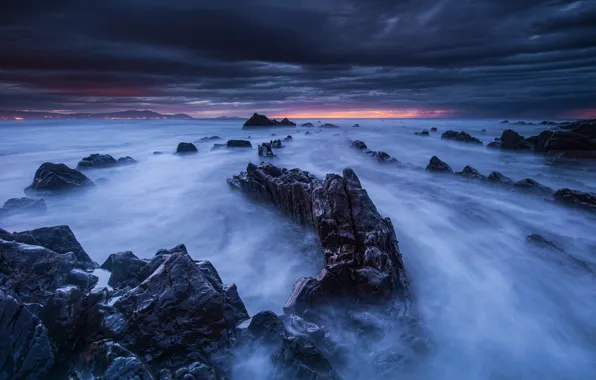 The sky, landscape, sunset, clouds, stones, rocks, shore, the evening