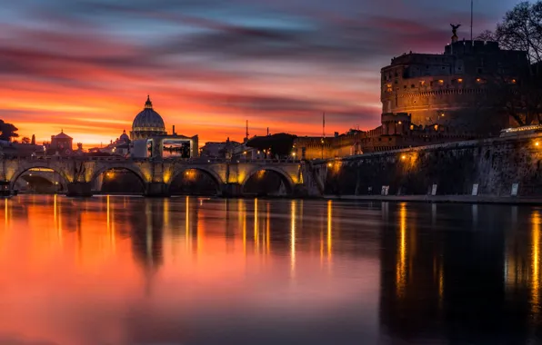 Sunset, bridge, the city, building, the evening, lighting, Rome, Italy