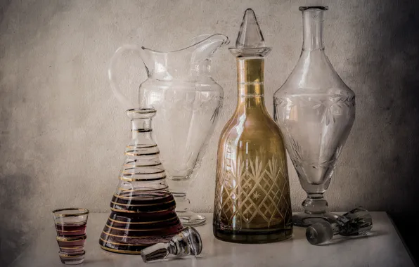 Picture glass, bottle, pitcher, still life, decanter