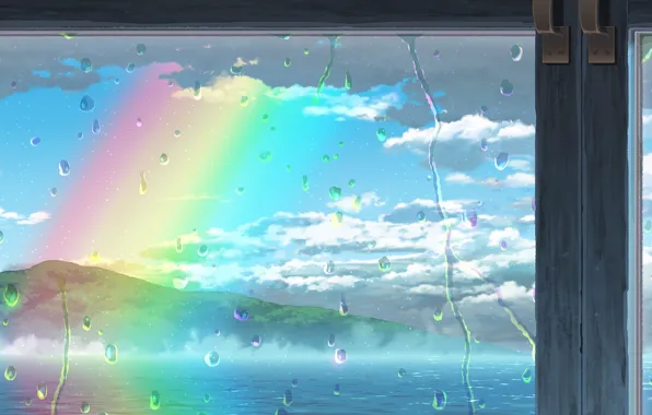 Picture sea, drops, rainbow, window, after the rain