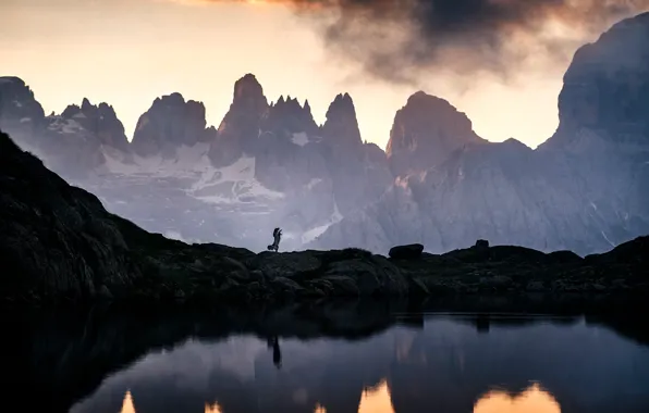 The sky, water, clouds, landscape, mountains, pose, fog, lake