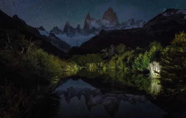 The sky, stars, light, reflection, mountains, night, lake, Patagonia