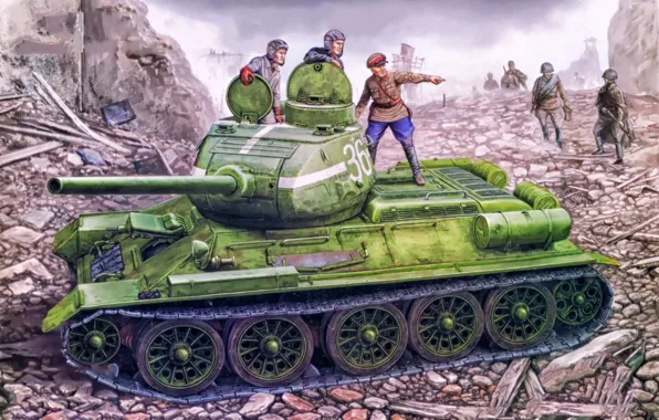 War, art, painting, tank, ww2, russian tank, T-34/85
