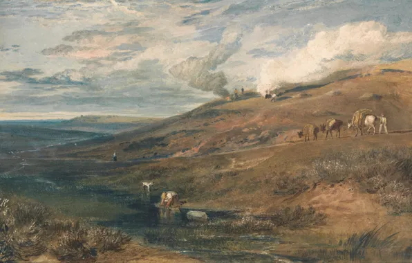 Landscape, river, stream, hills, picture, William Turner, Dartmoor - The Source of the Tamar and …