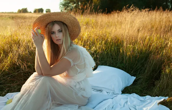 Picture grass, look, girl, pose, hat, hands, meadow, blonde
