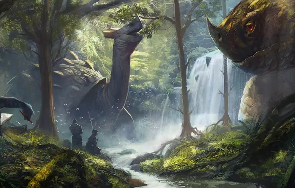 Picture forest, river, people, waterfall, art, dinosaurs