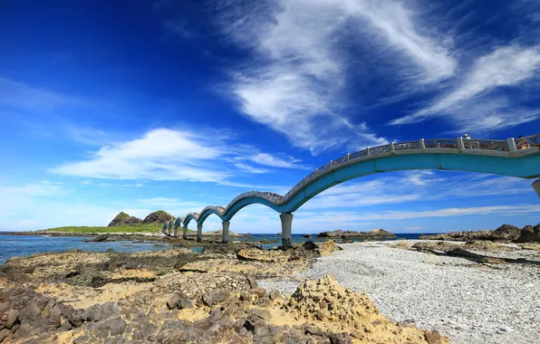 Sea, the sky, clouds, bridge, island