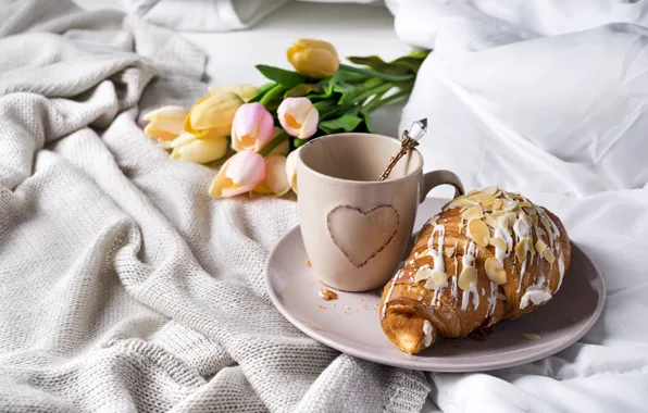 Coffee, Cup, bed, tulips, romantic, tulips, coffee cup, croissants