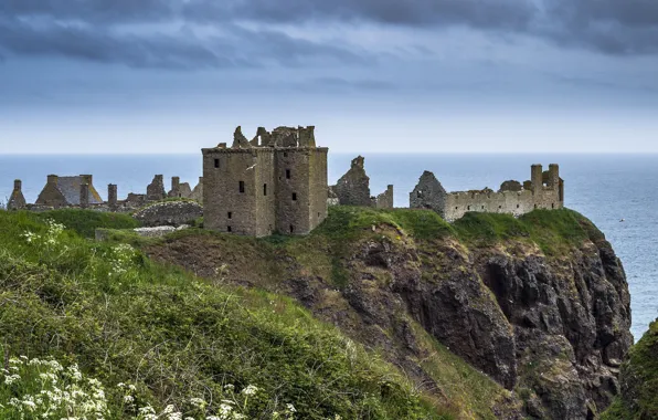 Sea, the sky, clouds, Scotland, ruins, architecture, Dunnottar castle