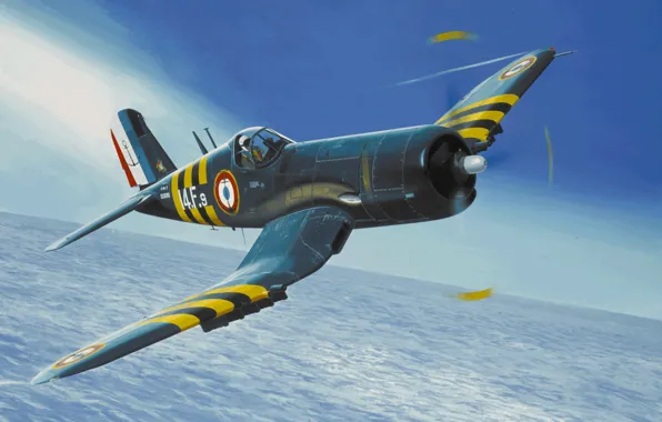 Picture fighter, war, art, airplane, painting. aviation, F4u-7 Corsair