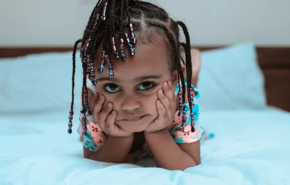 Pose, bed, braids, brown eyes, brown eyes, charm, bed, pose