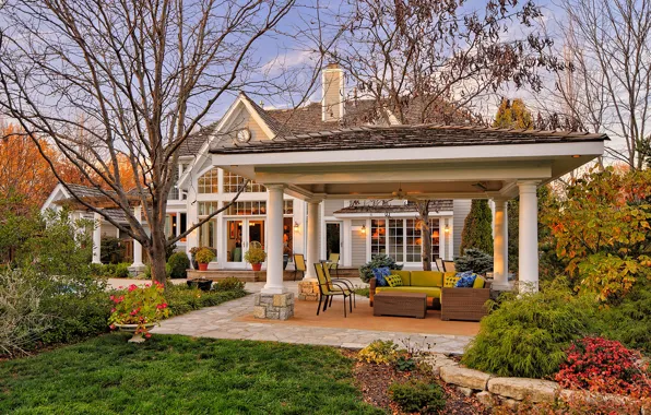 Autumn, trees, house, furniture, cottage, gazebo