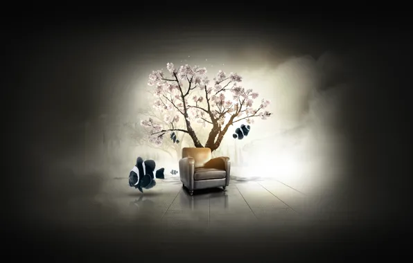 Picture fish, tree, fish, chair, Sakura, Dilshan Arukatti, immersive-garden