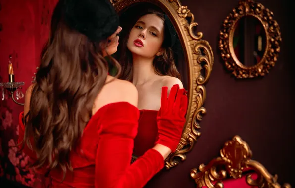 Picture look, girl, pose, reflection, hand, mirror, gloves, red dress