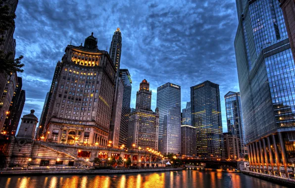 The sky, bridge, the city, river, overcast, building, home, skyscrapers