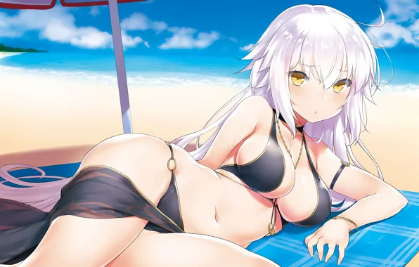 Girl, sexy, cleavage, beach, long hair, sea, boobs, anime