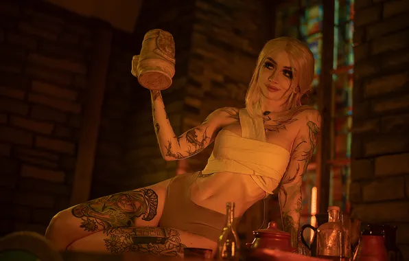 Picture model, women, cosplay, smiling, Cirilla Fiona Elen Riannon, inked girls, women indoors, video game girls