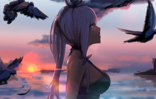 Sunset, Girl, Birds, Azur Lane