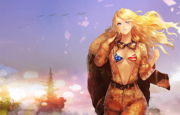 Glare, Girl, ships, aircraft, form, gesture