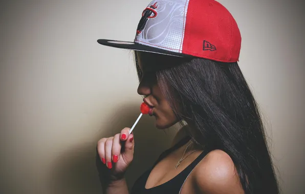 Picture girl, photo, model, brunette, cap, Chupa Chups, swag, syle