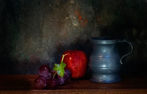 Picture Apple, bunch, pitcher, still life, Juicy grapes