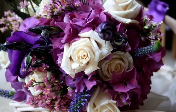 Flower, purple, flowers, color, roses, hydrangea, eustoma