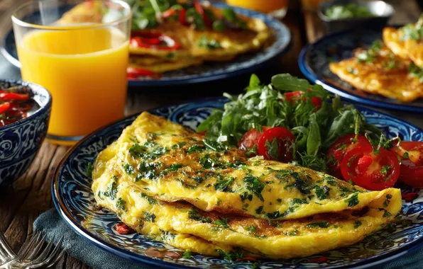 Greens, glass, table, food, juice, plate, drink, tomatoes