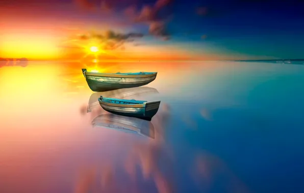The sun, lake, reflection, boats
