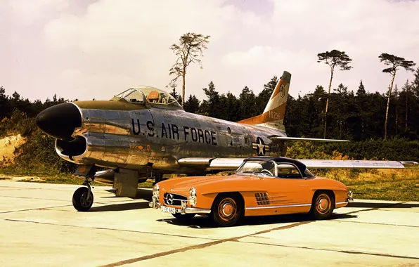 Picture Mercedes-Benz, The plane, Retro, Fighter, Gullwing, Mercedes-Benz 300 SL Roadster, Sports coupe, Seagull Wings