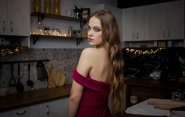 Picture look, girl, dress, kitchen, shoulder, curls, Rus, Natalia Danilchenko