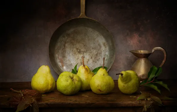 Pitcher, still life, pear, pan