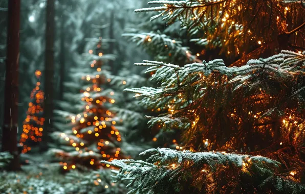 Winter, forest, snow, branches, lights, ate, Christmas, New year