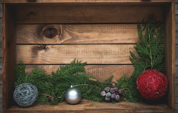 Balls, branches, fruit, Christmas, New year, wooden, box, needles
