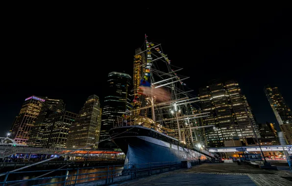 Night, lights, darkness, ship, building, New York, skyscrapers, port