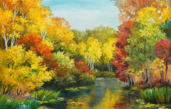Picture autumn, trees, river, stream, color, time of the year