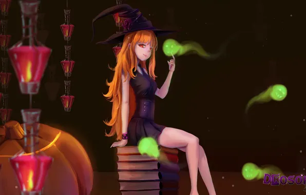 Books, perfume, lights, pumpkin, red, ghosts, sitting, red eyes